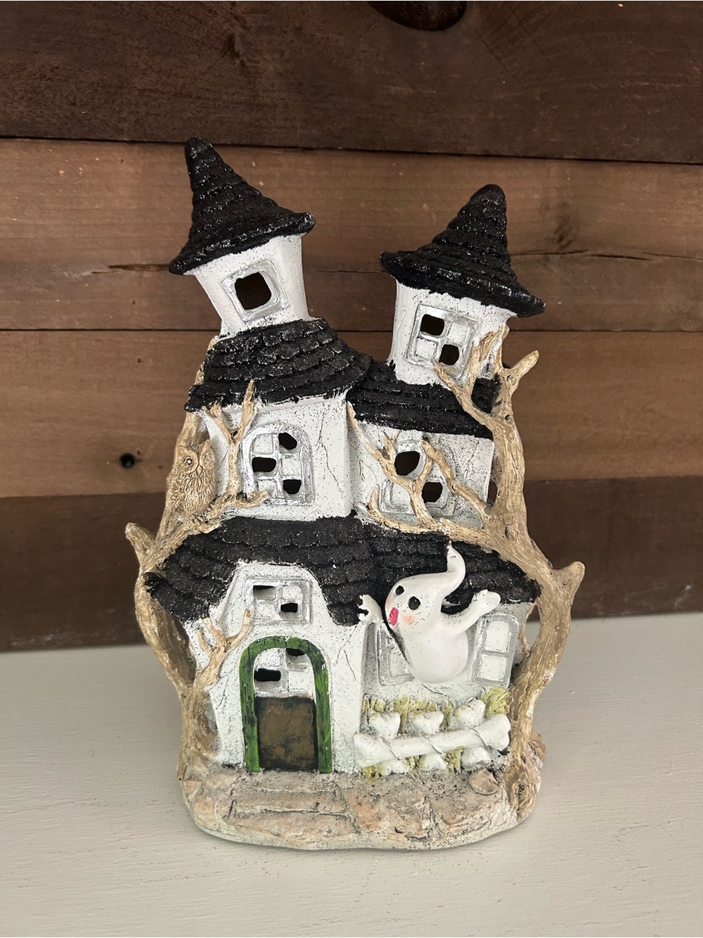 Halloween Haunted House Ceramic Figurine with Ghost (Black, White, Tan, Green)
